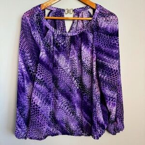 Jennifer Lopez‎ Purple Snakeskin Print Satin Long Sleeve Sheer Blouse Size Large